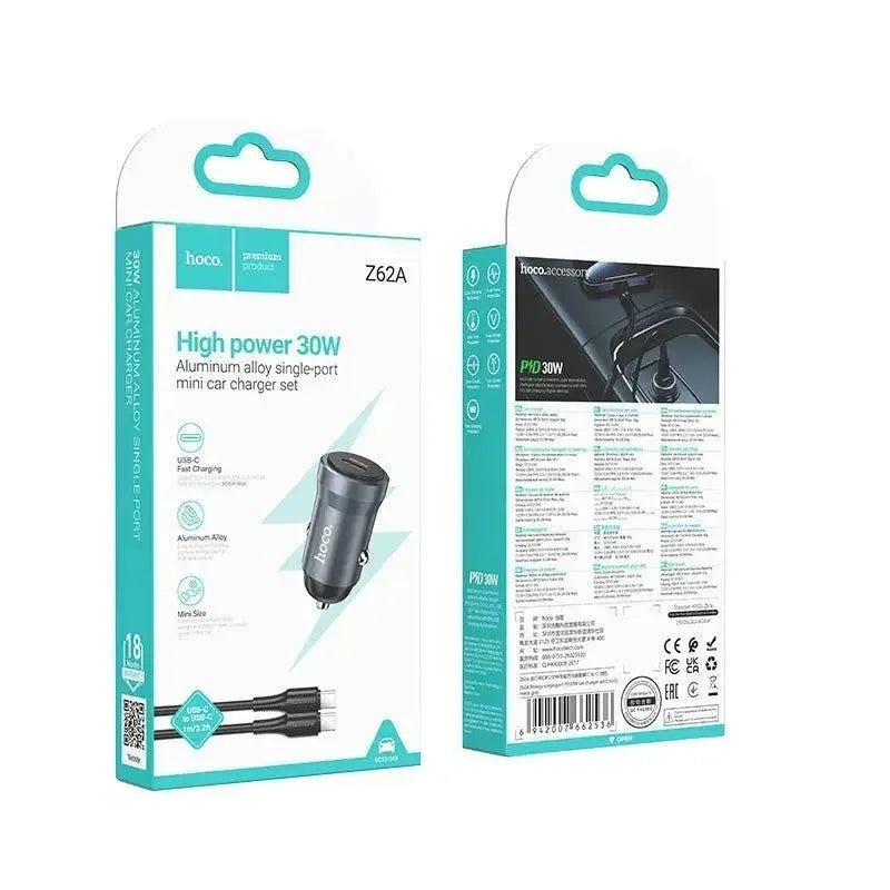 Hoco Z62A Energy Single Port PD30W Car Charger Set C To C Metal Gray