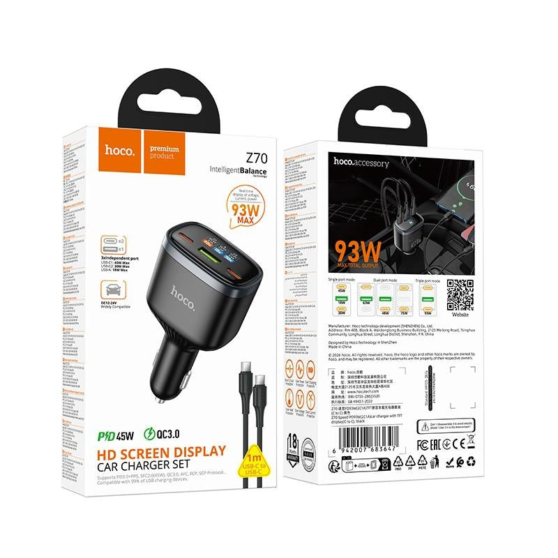 Hoco Z70 Speed PD93W 2C1A TFT Display Car Charger Set C To C Black