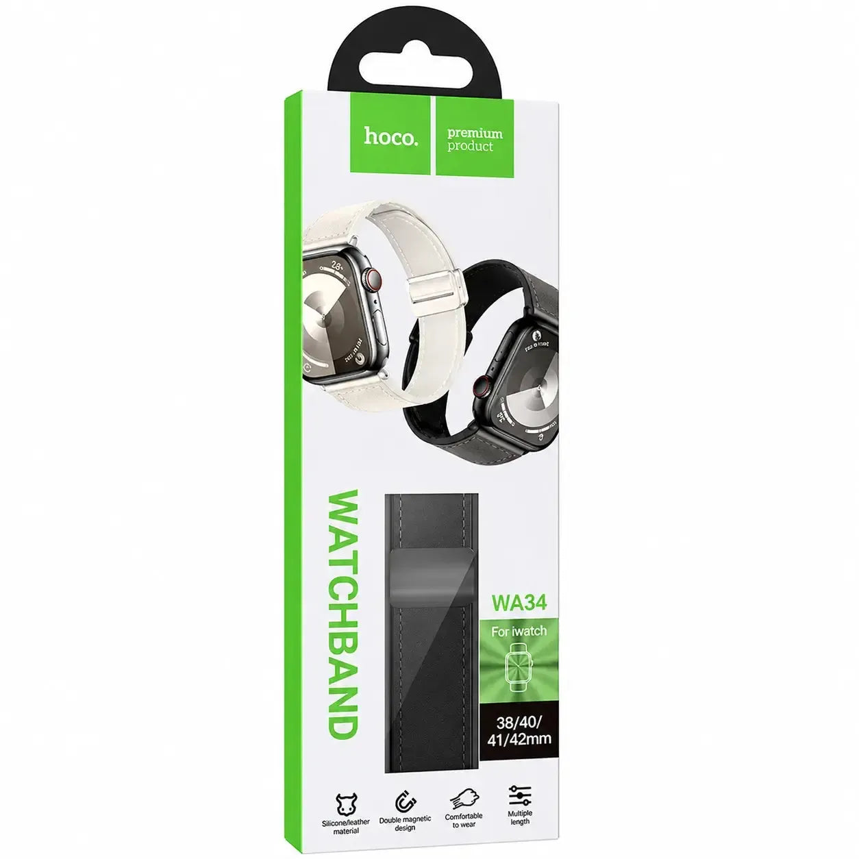 Hoco iWatch WA34 Basic Series Two-Section Double Magnetic Buckle Silicone Leather Strap 38 / 40 / 41 / 42mm Black