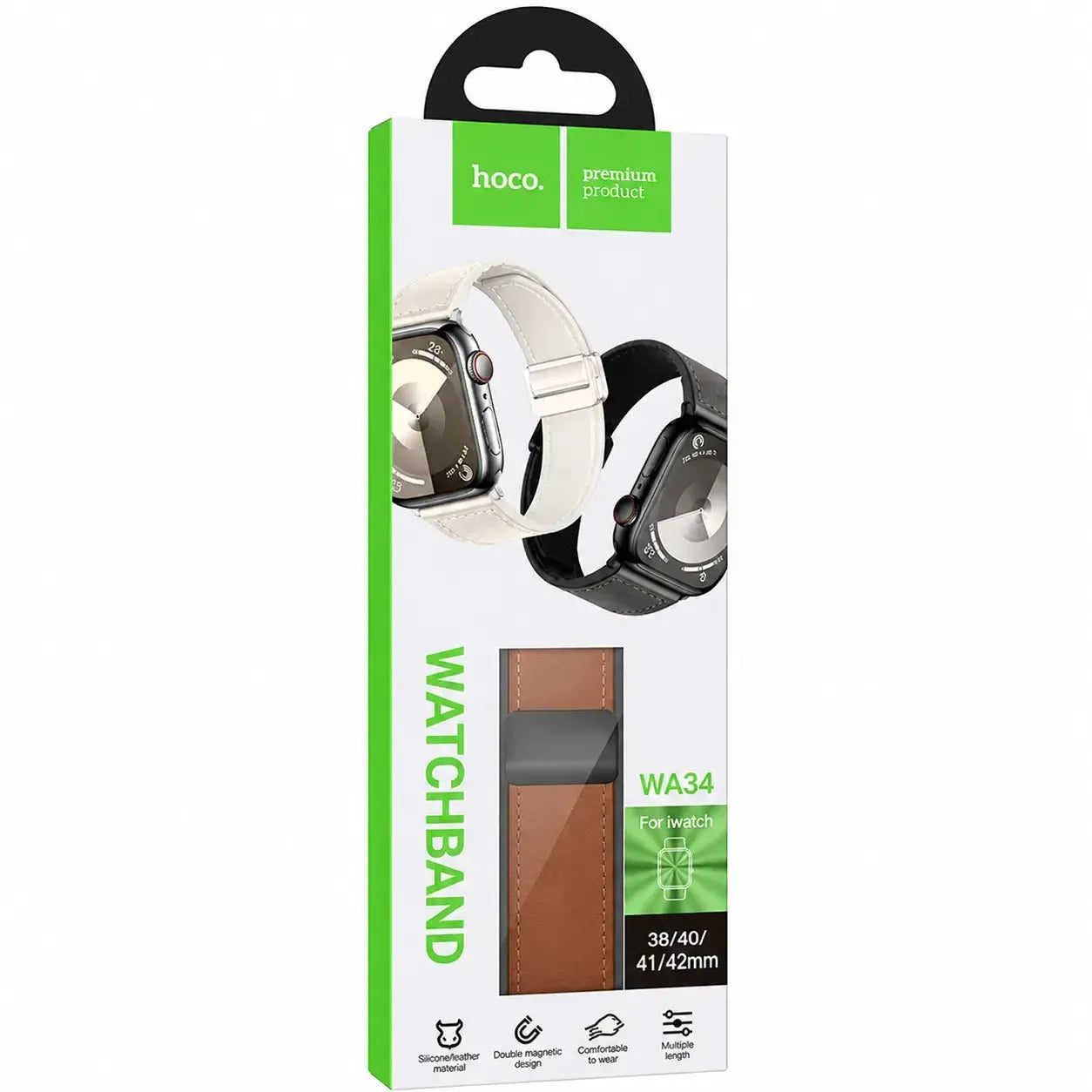 Hoco iWatch WA34 Basic Series Two-Section Double Magnetic Buckle Silicone Leather Strap 38 / 40 / 41 / 42mm Brown
