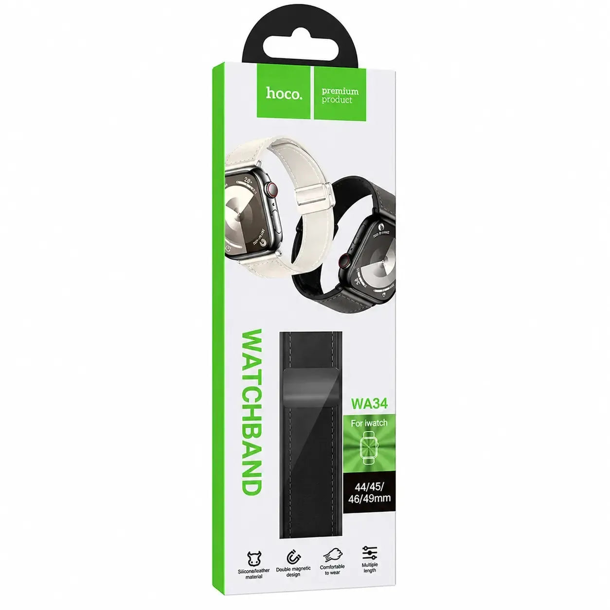 Hoco iWatch WA34 Basic Series Two-Section Double Magnetic Buckle Silicone Leather Strap 44 / 45 / 46 / 49mm Black