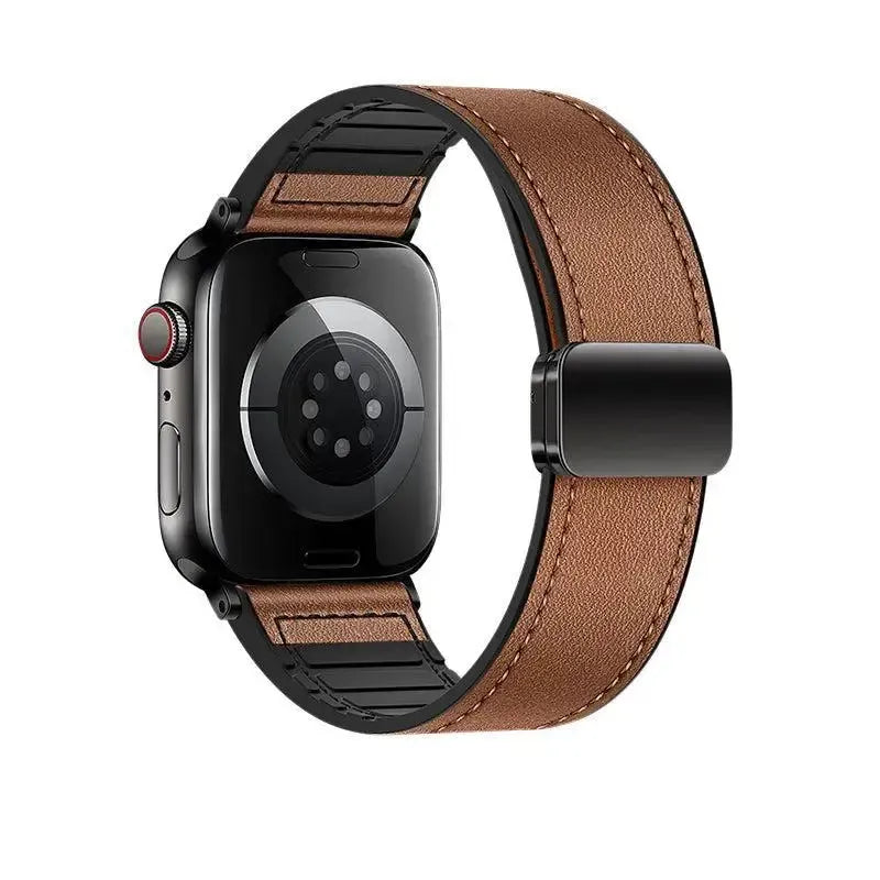 Hoco iWatch WA34 Basic Series Two-Section Double Magnetic Buckle Silicone Leather Strap 44 / 45 / 46 / 49mm Brown