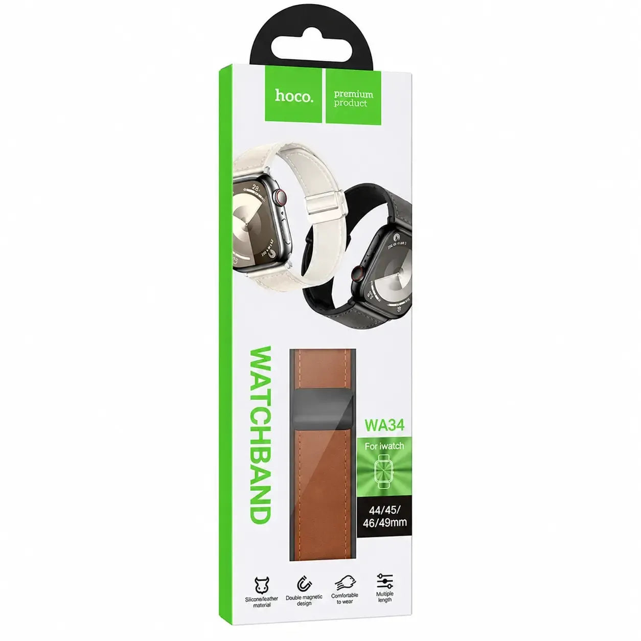 Hoco iWatch WA34 Basic Series Two-Section Double Magnetic Buckle Silicone Leather Strap 44 / 45 / 46 / 49mm Brown