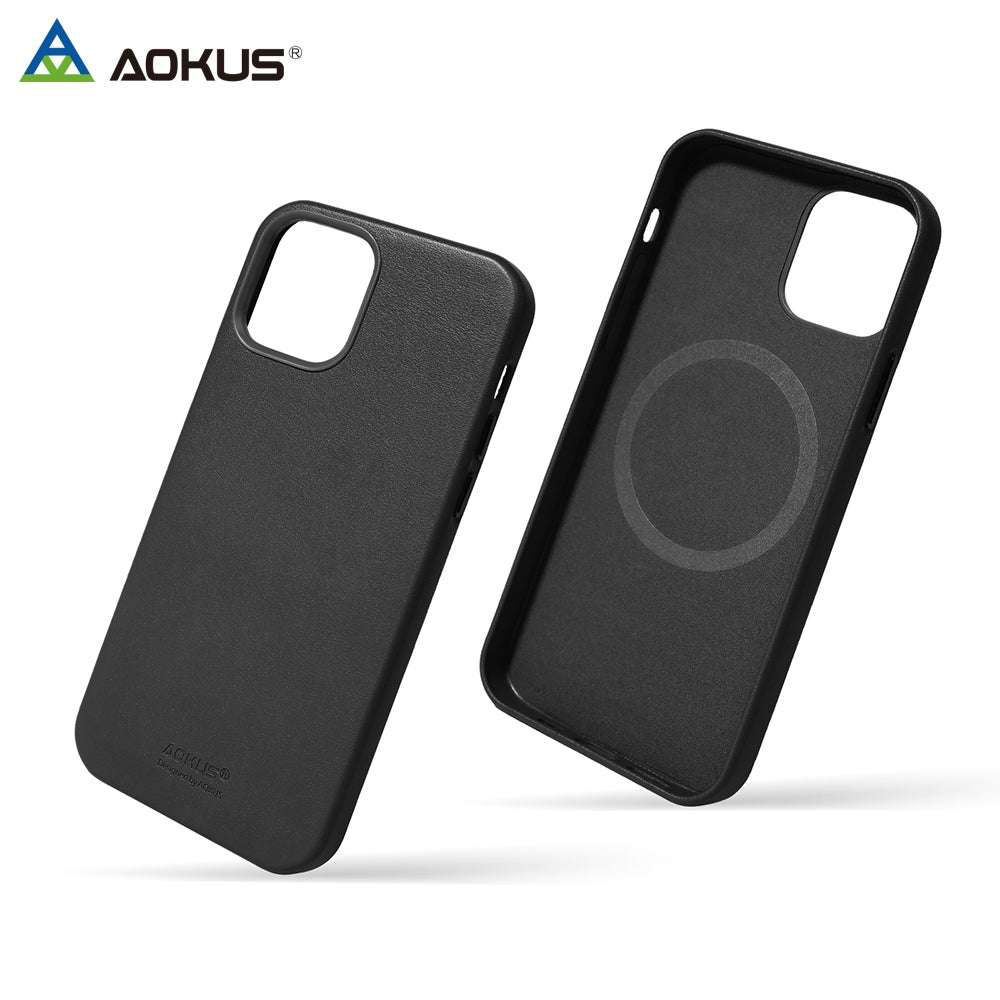 For Apple iPhone 15 Aokus Magsafe Magnetic Leather Case Black