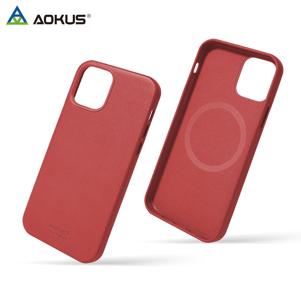 For Apple iPhone 15 Aokus Magsafe Magnetic Leather Case Red