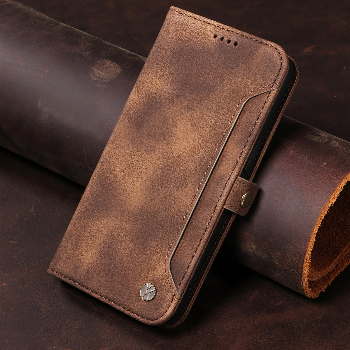For Apple iPhone 15 Plus Aokus YK Series Leather Wallet case Khaki