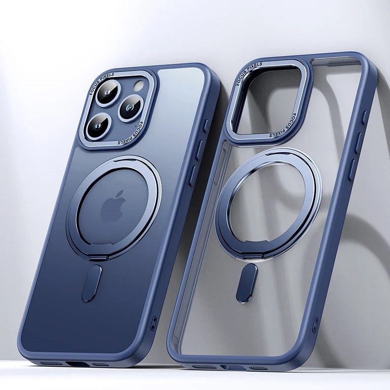 For Apple iPhone 15 Smooth Silicon Rotating Stand Case Blue-www.firsthelptech.ie