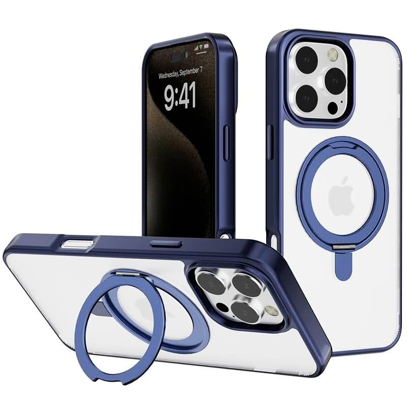 For Apple iPhone 16 Pro Max Rotating Smooth Transparent Stand Case Blue