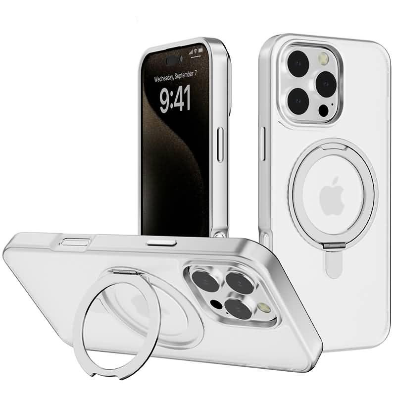 For Apple iPhone 16 Pro Max Rotating Smooth Transparent Stand Case Silver