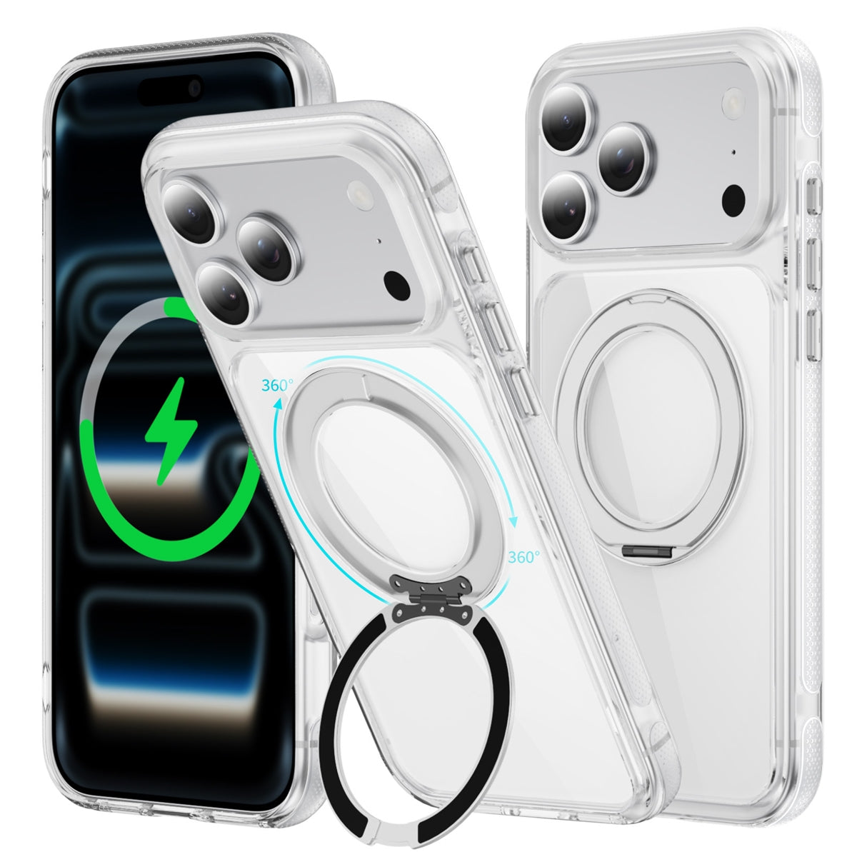 For Apple iPhone 17 Pro Max iShield Magsafe Rotating Stand Case Transparent