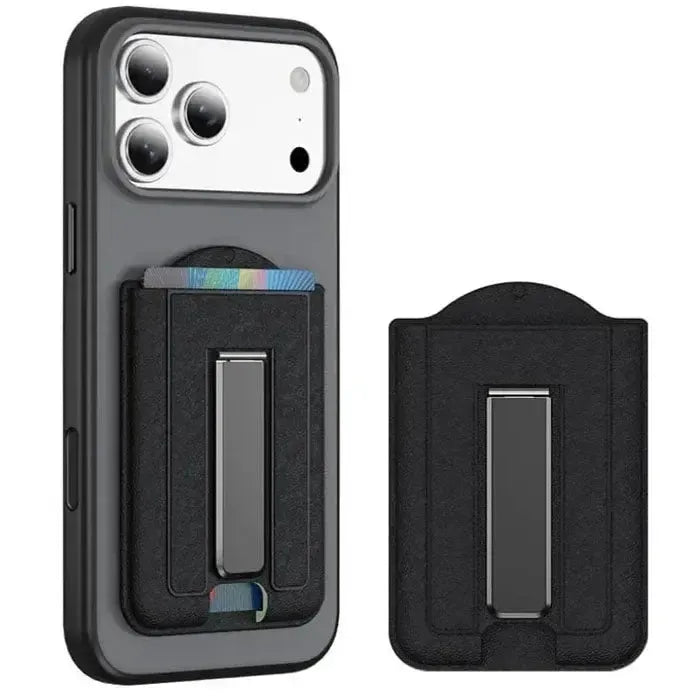 Leather Texture MagSafe Magnetic Folding Stand Phone Card Slots Holder Black