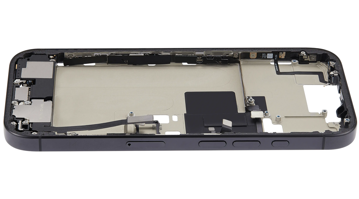 Mid Frame Housing W/ Charging Port Flex & Small Parts For I Phone 16 Pro (Eu / Global Version) (Used Oem Pull: Grade A) (Black Titanium)