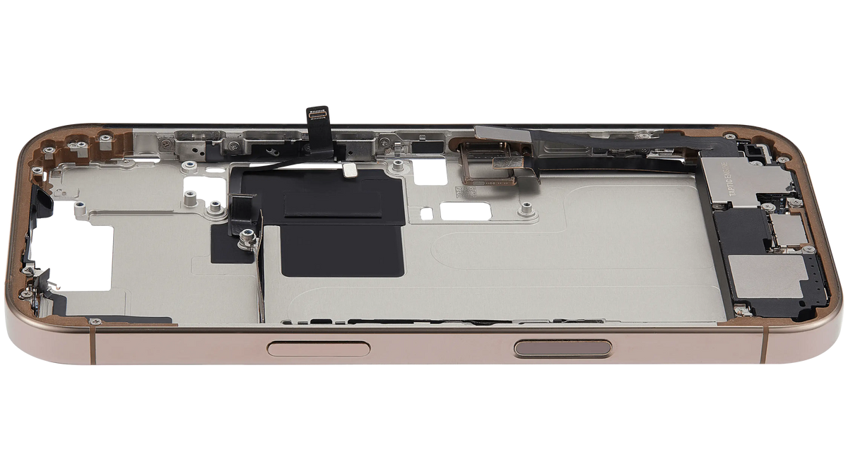 Mid Frame Housing W/ Charging Port Flex & Small Parts For I Phone 16 Pro (Eu / Global Version) (Used Oem Pull: Grade A) (Desert Titanium)