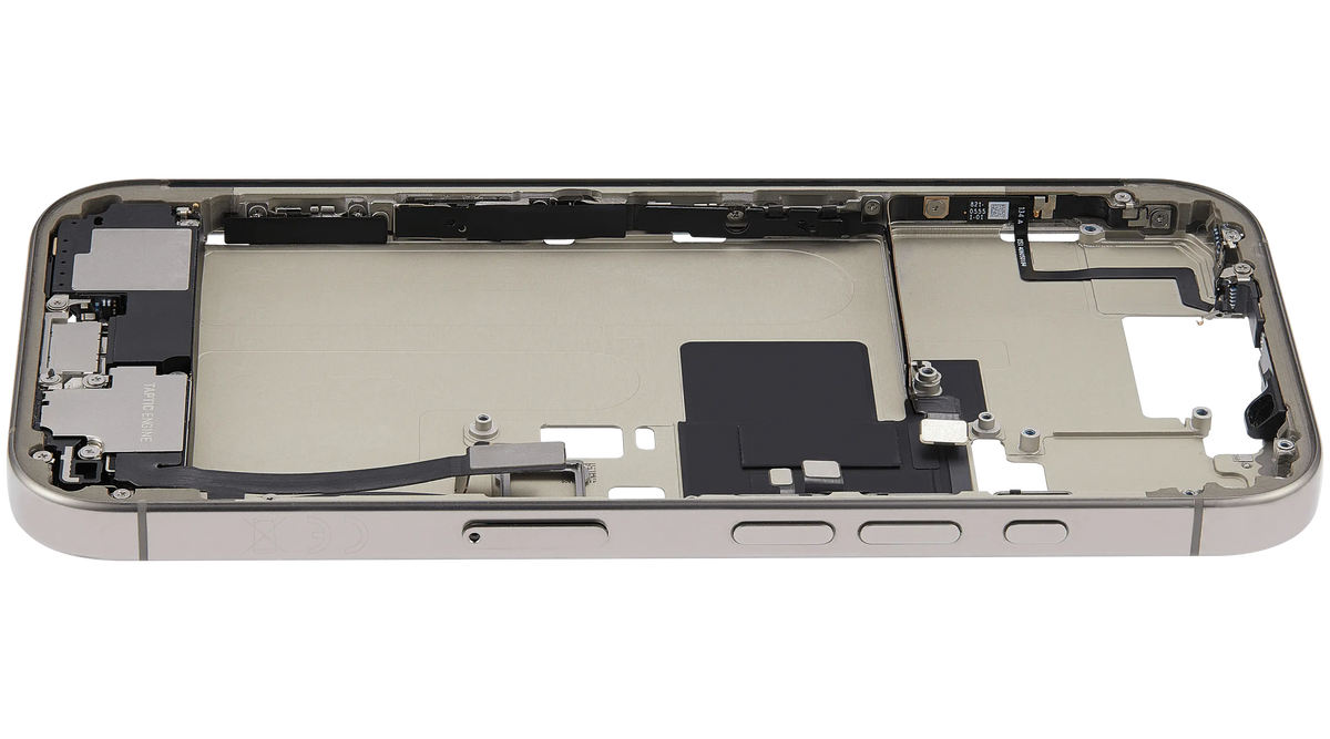 Mid Frame Housing W/ Charging Port Flex & Small Parts For I Phone 16 Pro (Eu / Global Version) (Used Oem Pull: Grade A) (Natural Titanium)