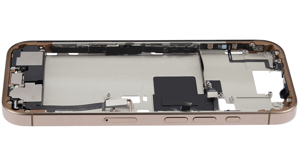 Mid Frame Housing W/ Charging Port Flex & Small Parts For I Phone 16 Pro (Eu / Global Version) (Used Oem Pull: Grade B) (Desert Titanium)
