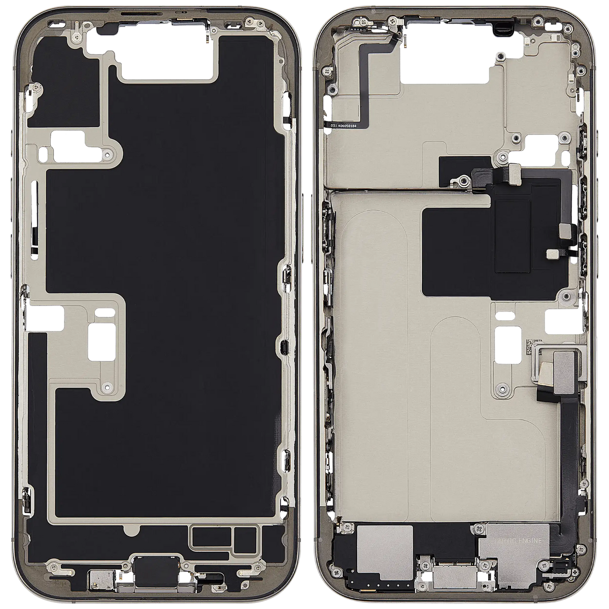 Mid Frame Housing W/ Charging Port Flex & Small Parts For I Phone 16 Pro (Eu / Global Version) (Used Oem Pull: Grade B) (Natural Titanium)