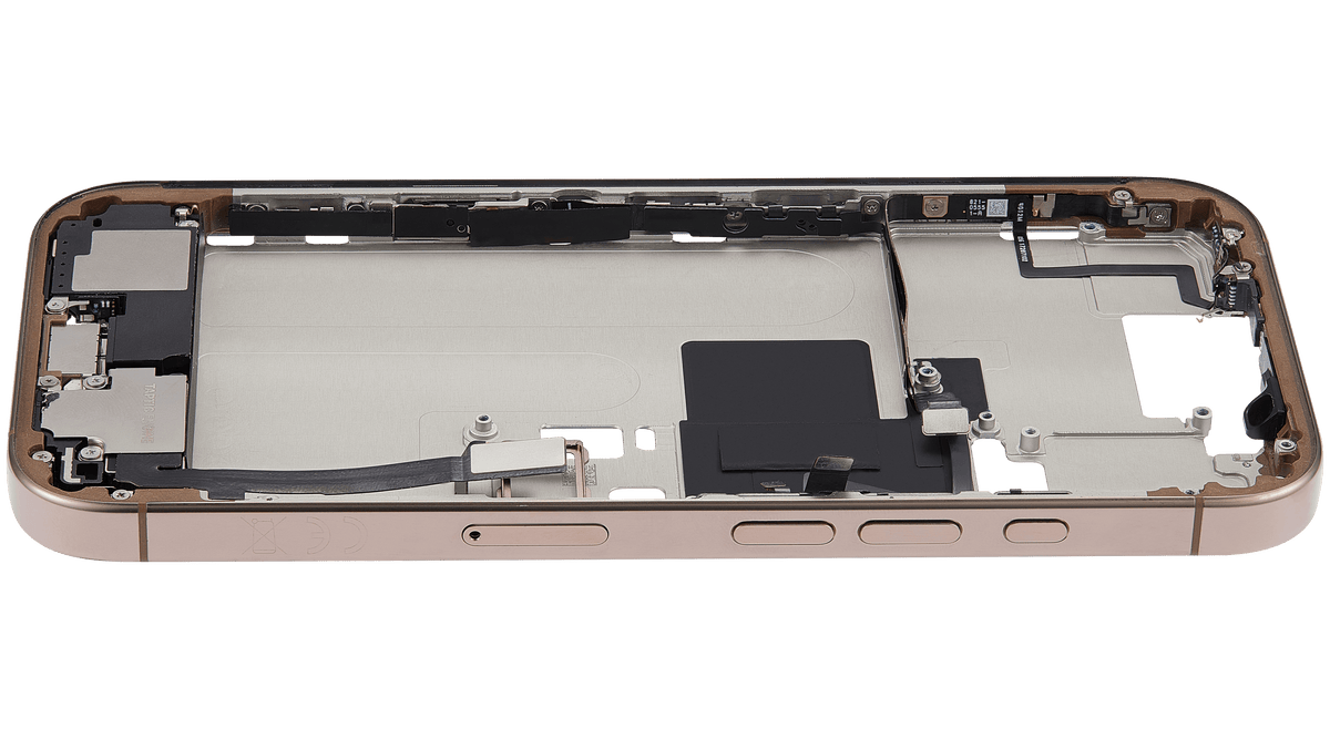 Mid Frame Housing W/ Charging Port Flex & Small Parts For I Phone 16 Pro (Eu / Global Version) (Used Oem Pull: Grade C) (Desert Titanium)