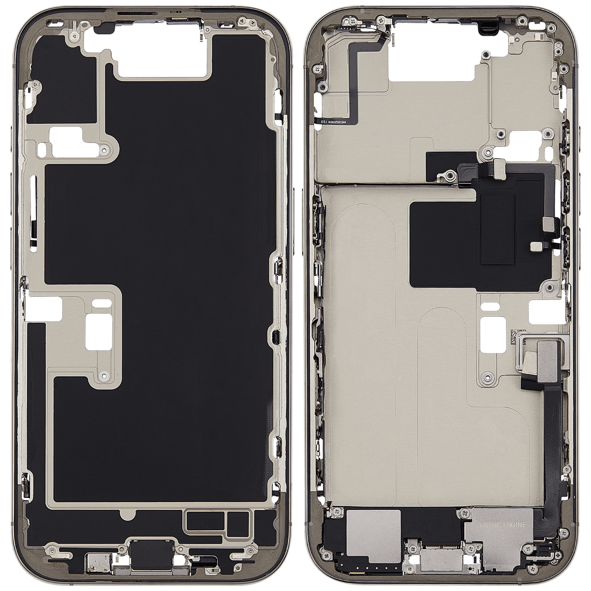 Mid Frame Housing W/ Charging Port Flex & Small Parts For I Phone 16 Pro (Eu / Global Version) (Used Oem Pull: Grade C) (Natural Titanium)