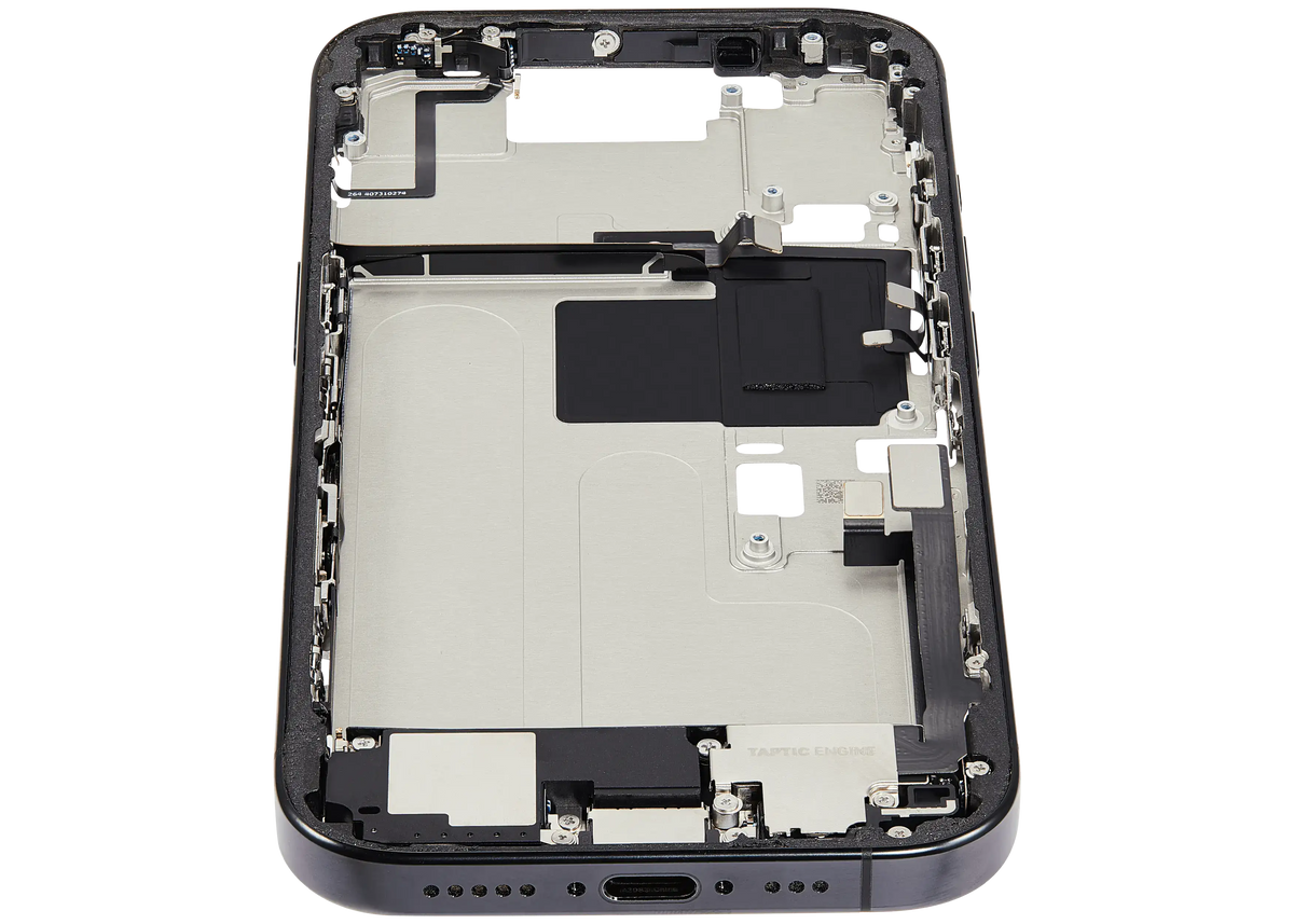 Mid Frame Housing W/ Charging Port Flex & Small Parts For I Phone 16 Pro (Us Version) (Used Oem Pull: Grade A) (Black Titanium)