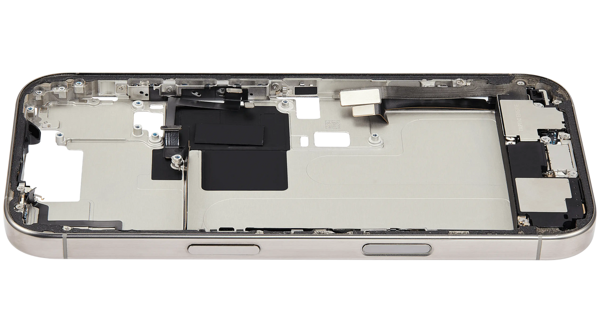 Mid Frame Housing W/ Charging Port Flex & Small Parts For I Phone 16 Pro (Us Version) (Used Oem Pull: Grade A) (Natural Titanium)
