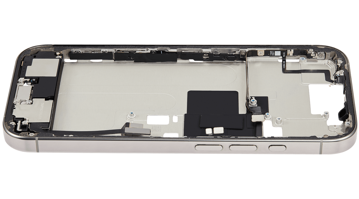 Mid Frame Housing W/ Charging Port Flex & Small Parts For I Phone 16 Pro (Us Version) (Used Oem Pull: Grade A) (Natural Titanium)