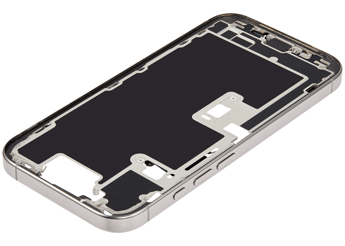 Mid Frame Housing W/ Charging Port Flex & Small Parts For I Phone 16 Pro (Us Version) (Used Oem Pull: Grade A) (Natural Titanium)