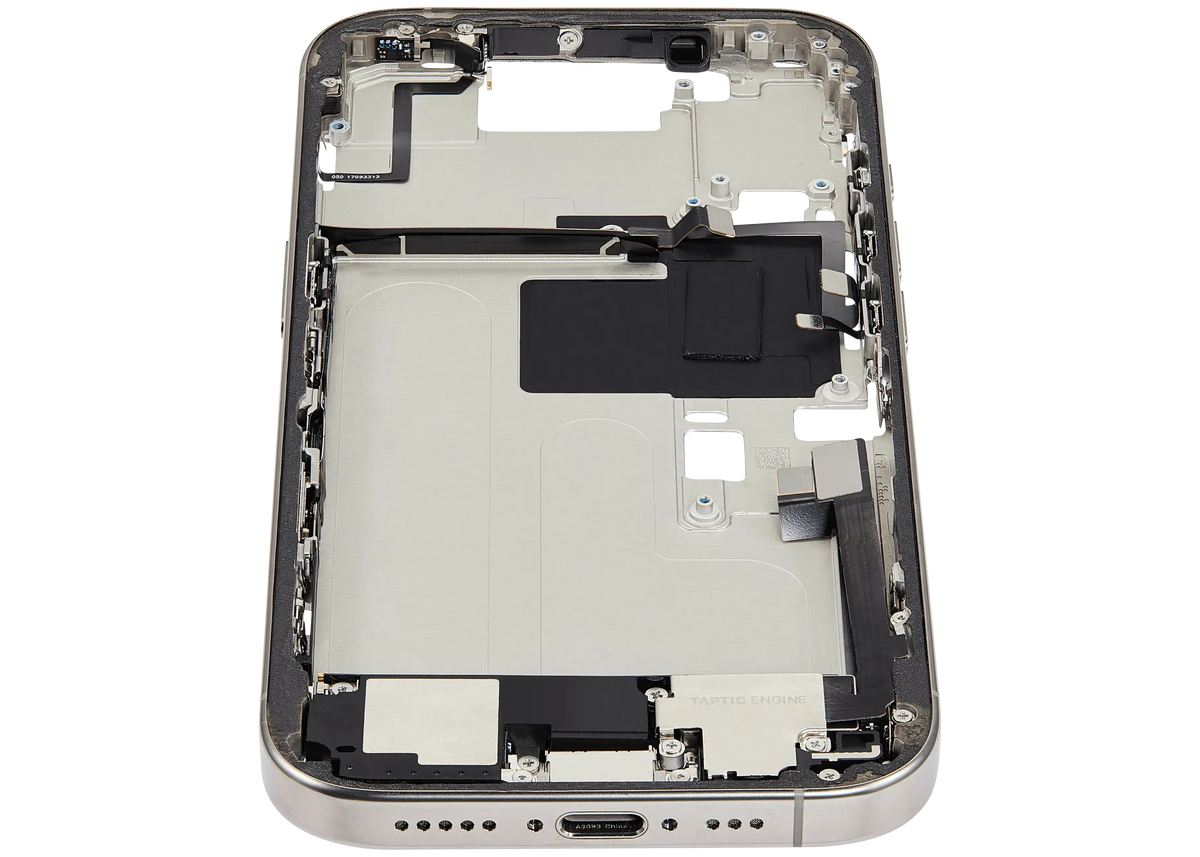 Mid Frame Housing W/ Charging Port Flex & Small Parts For I Phone 16 Pro (Us Version) (Used Oem Pull: Grade A) (Natural Titanium)