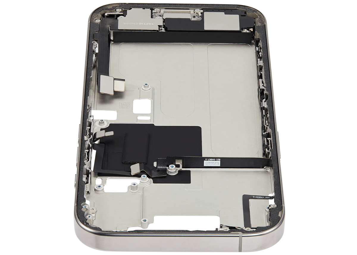 Mid Frame Housing W/ Charging Port Flex & Small Parts For I Phone 16 Pro (Us Version) (Used Oem Pull: Grade A) (Natural Titanium)