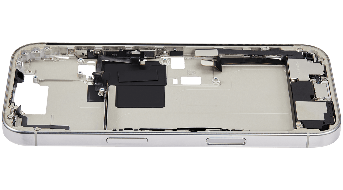 Mid Frame Housing W/ Charging Port Flex & Small Parts For I Phone 16 Pro (Us Version) (Used Oem Pull: Grade A) (White Titanium)