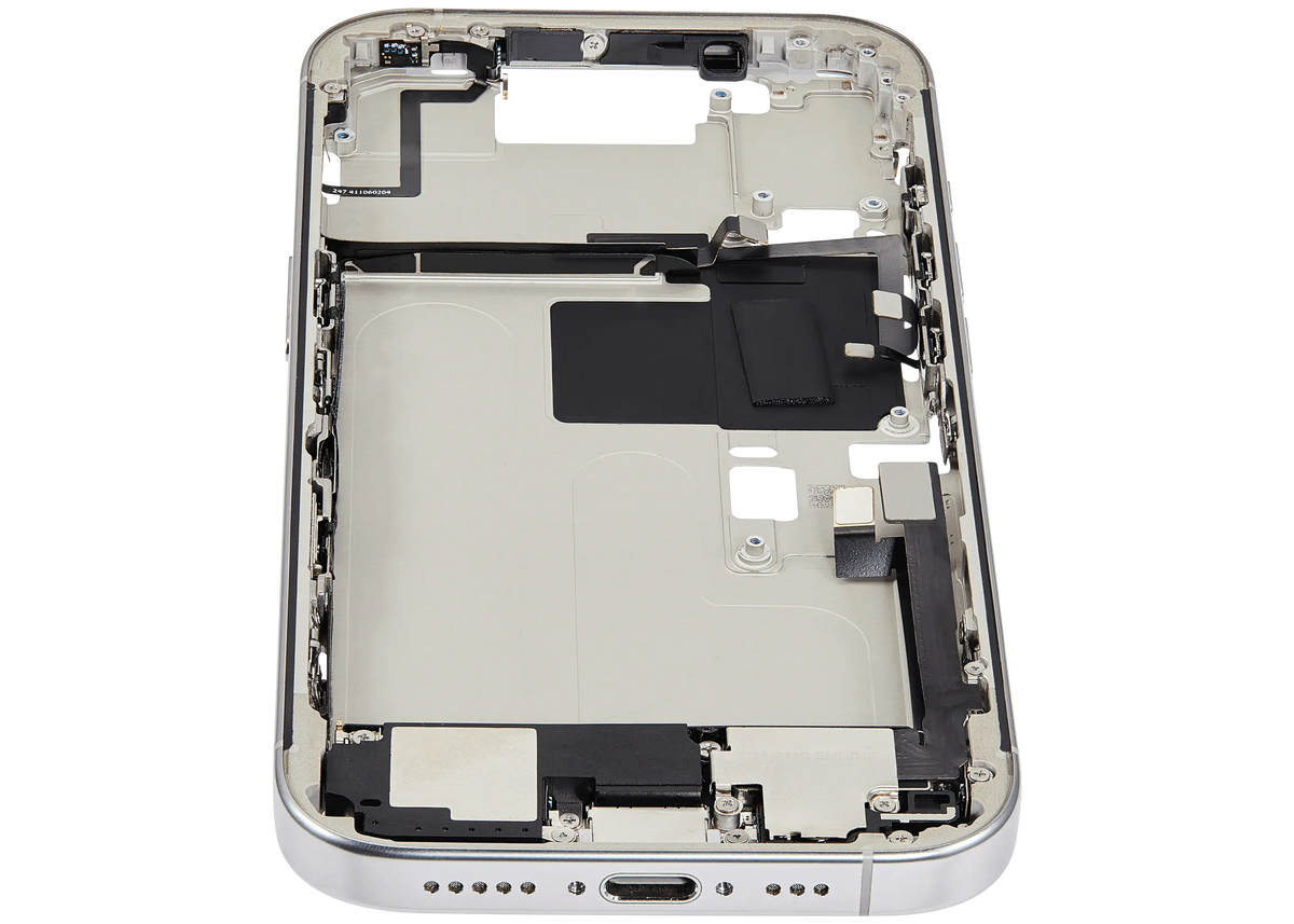Mid Frame Housing W/ Charging Port Flex & Small Parts For I Phone 16 Pro (Us Version) (Used Oem Pull: Grade A) (White Titanium)