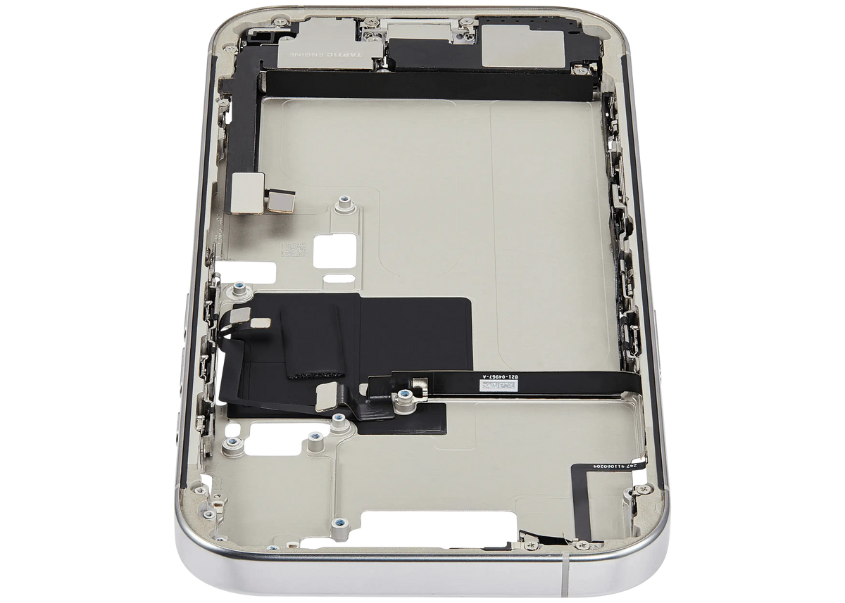 Mid Frame Housing W/ Charging Port Flex & Small Parts For I Phone 16 Pro (Us Version) (Used Oem Pull: Grade A) (White Titanium)
