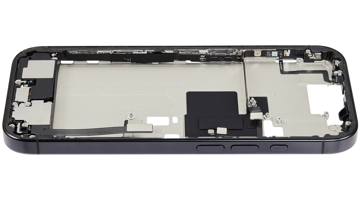 Mid Frame Housing W/ Charging Port Flex & Small Parts For I Phone 16 Pro (Us Version) (Used Oem Pull: Grade B) (Black Titanium)