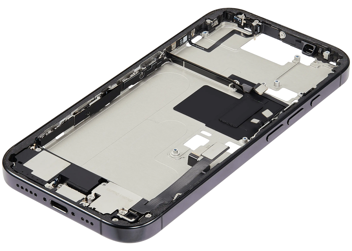 Mid Frame Housing W/ Charging Port Flex & Small Parts For I Phone 16 Pro (Us Version) (Used Oem Pull: Grade B) (Black Titanium)