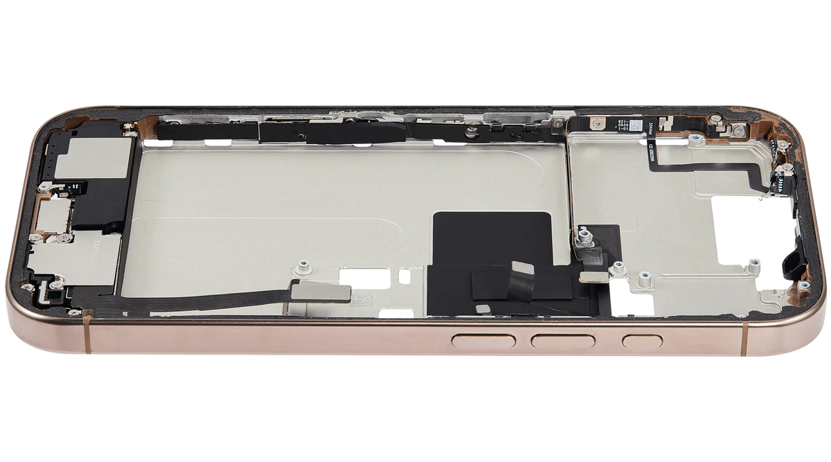 Mid Frame Housing W/ Charging Port Flex & Small Parts For I Phone 16 Pro (Us Version) (Used Oem Pull: Grade B) (Desert Titanium)