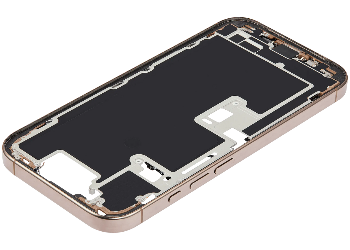 Mid Frame Housing W/ Charging Port Flex & Small Parts For I Phone 16 Pro (Us Version) (Used Oem Pull: Grade B) (Desert Titanium)