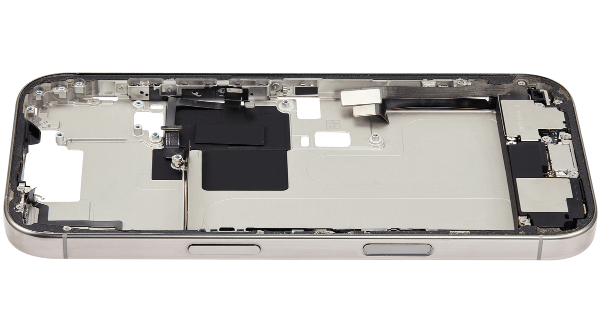 Mid Frame Housing W/ Charging Port Flex & Small Parts For I Phone 16 Pro (Us Version) (Used Oem Pull: Grade B) (Natural Titanium)