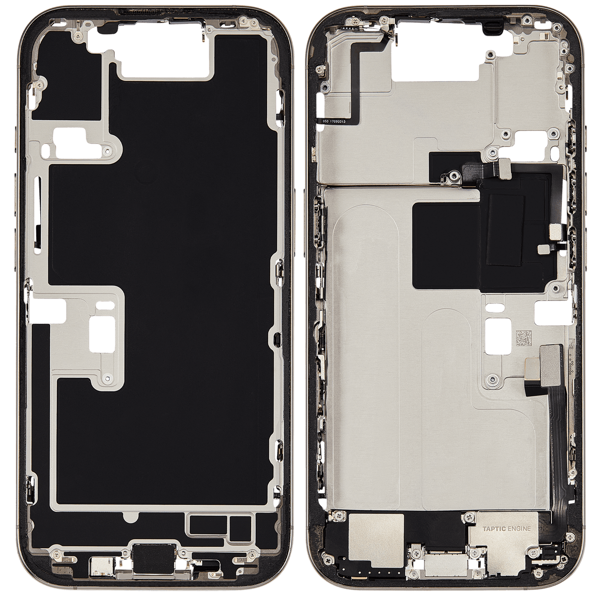 Mid Frame Housing W/ Charging Port Flex & Small Parts For I Phone 16 Pro (Us Version) (Used Oem Pull: Grade B) (Natural Titanium)