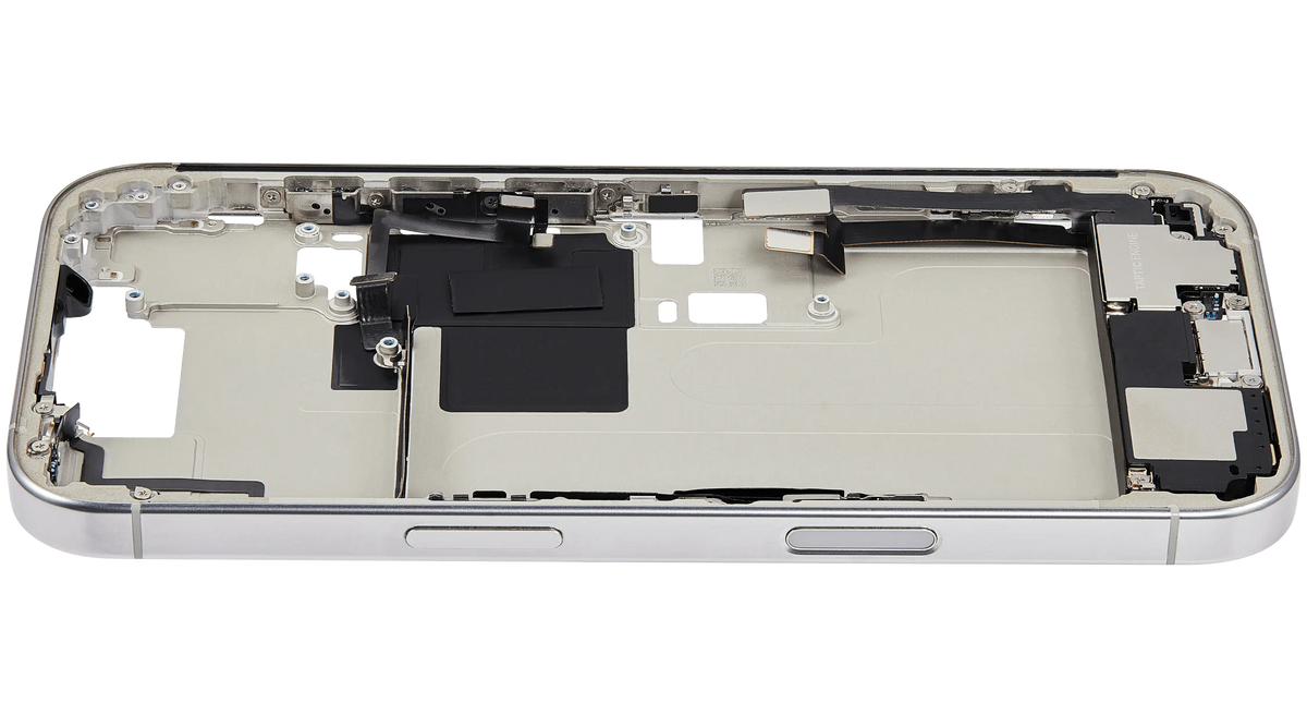 Mid Frame Housing W/ Charging Port Flex & Small Parts For I Phone 16 Pro (Us Version) (Used Oem Pull: Grade B) (White Titanium)