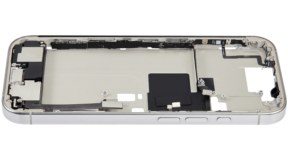 Mid Frame Housing W/ Charging Port Flex & Small Parts For I Phone 16 Pro (Us Version) (Used Oem Pull: Grade B) (White Titanium)