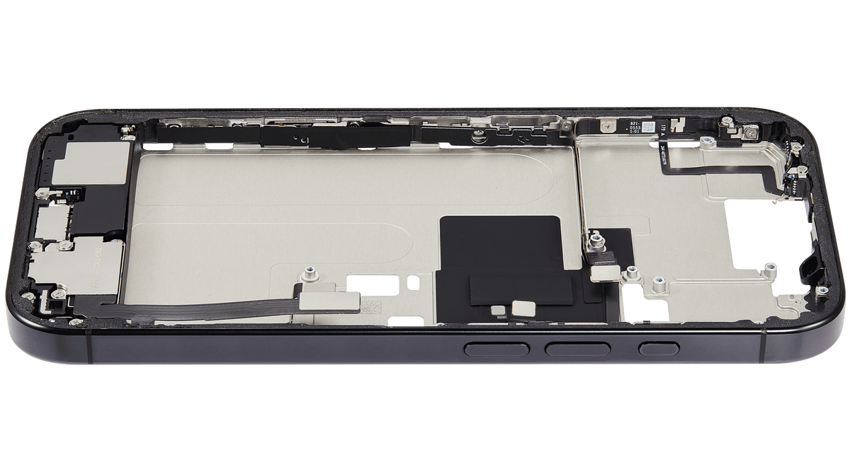 Mid Frame Housing W/ Charging Port Flex & Small Parts For I Phone 16 Pro (Us Version) (Used Oem Pull: Grade C) (Black Titanium)