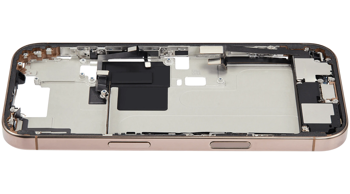 Mid Frame Housing W/ Charging Port Flex & Small Parts For I Phone 16 Pro (Us Version) (Used Oem Pull: Grade C) (Desert Titanium)