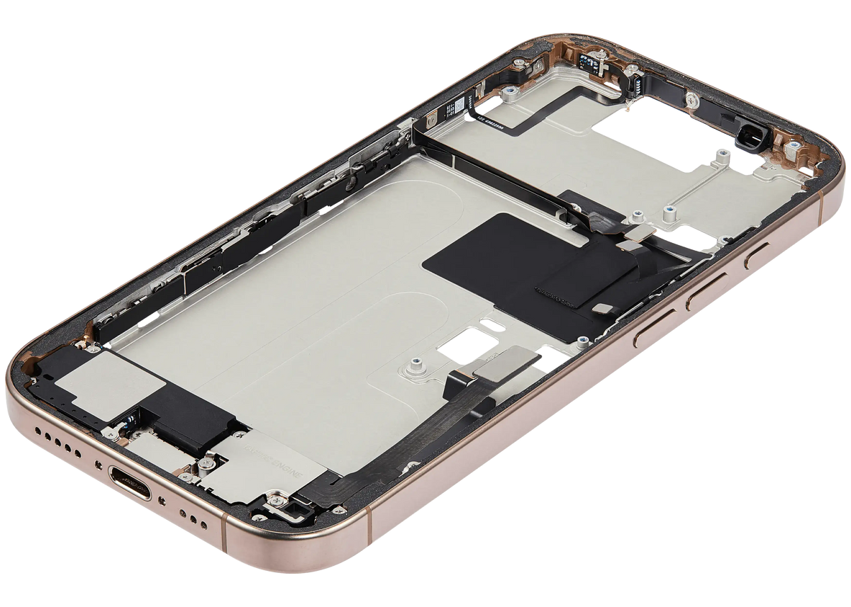 Mid Frame Housing W/ Charging Port Flex & Small Parts For I Phone 16 Pro (Us Version) (Used Oem Pull: Grade C) (Desert Titanium)