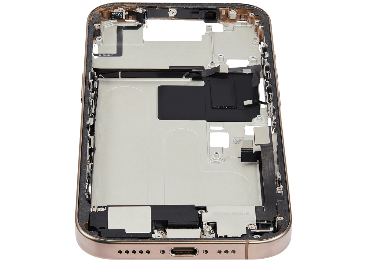 Mid Frame Housing W/ Charging Port Flex & Small Parts For I Phone 16 Pro (Us Version) (Used Oem Pull: Grade C) (Desert Titanium)
