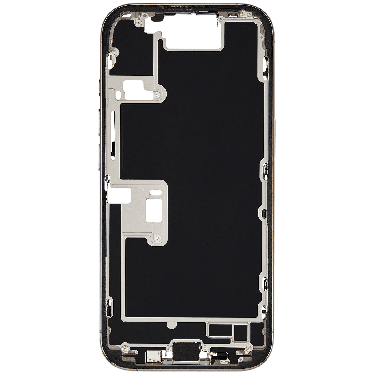 Mid Frame Housing W/ Charging Port Flex & Small Parts For I Phone 16 Pro (Us Version) (Used Oem Pull: Grade C) (Natural Titanium)