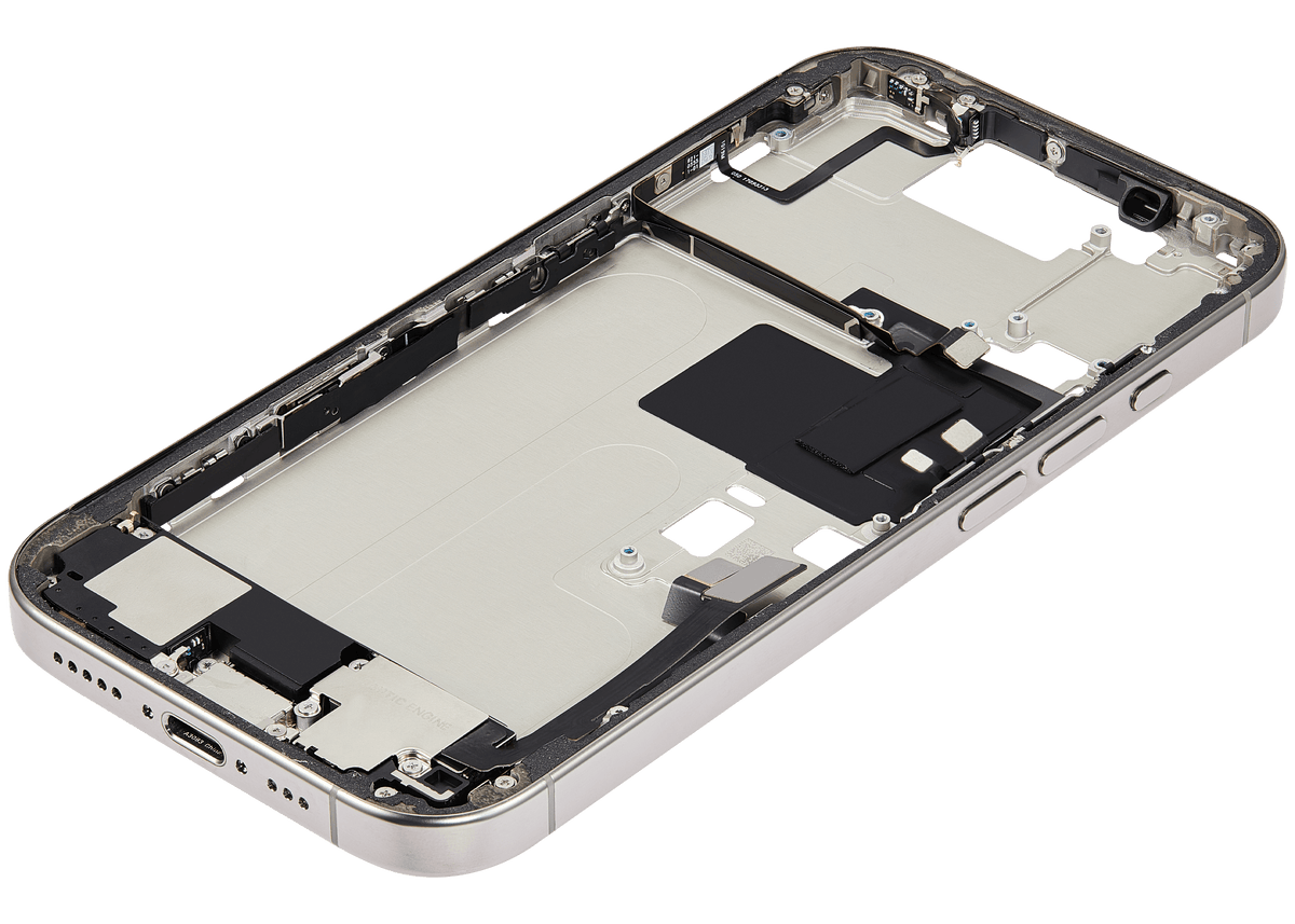 Mid Frame Housing W/ Charging Port Flex & Small Parts For I Phone 16 Pro (Us Version) (Used Oem Pull: Grade C) (Natural Titanium)
