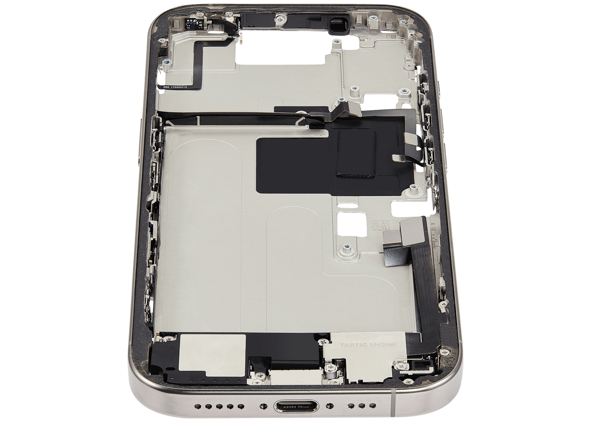 Mid Frame Housing W/ Charging Port Flex & Small Parts For I Phone 16 Pro (Us Version) (Used Oem Pull: Grade C) (Natural Titanium)