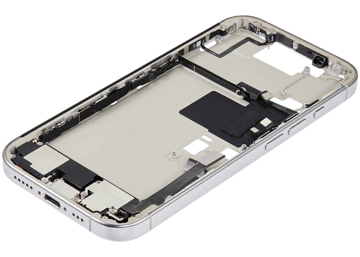 Mid Frame Housing W/ Charging Port Flex & Small Parts For I Phone 16 Pro (Us Version) (Used Oem Pull: Grade C) (White Titanium)