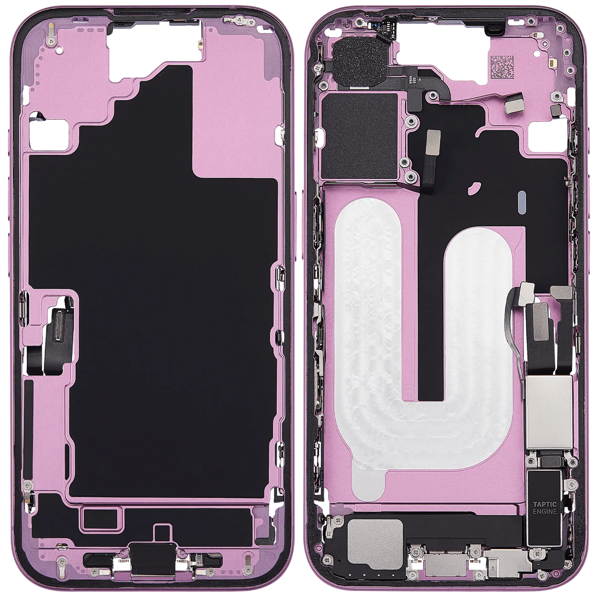 Mid Frame Housing W/ Charging Port Flex & Small Parts For I Phone 16 (Us Version) (Used Oem Pull: Grade A) (Pink)