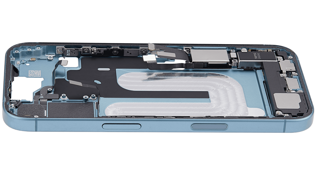 Mid Frame Housing W/ Charging Port Flex & Small Parts For I Phone 16 (Us Version) (Used Oem Pull: Grade A) (Teal)