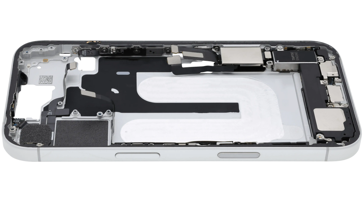 Mid Frame Housing W/ Charging Port Flex & Small Parts For I Phone 16 (Us Version) (Used Oem Pull: Grade A) (White)